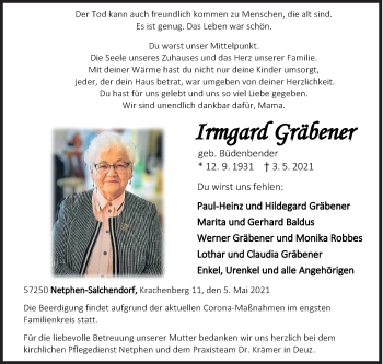 Traueranzeige von Irmgard Gräbener. von Siegener Zeitung