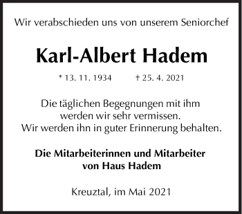 Traueranzeige von Karl-Albert Hadem von Siegener Zeitung