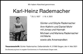 Traueranzeige von Karl-Heinz Rademacher von Siegener Zeitung