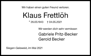 Traueranzeige von Klaus Frettlöh von Siegener Zeitung