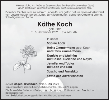 Traueranzeige von Käthe Koch von Siegener Zeitung