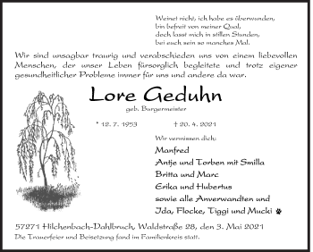Traueranzeige von Lore Geduhn von Siegener Zeitung