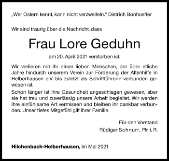 Traueranzeige von Lore Geduhn von Siegener Zeitung