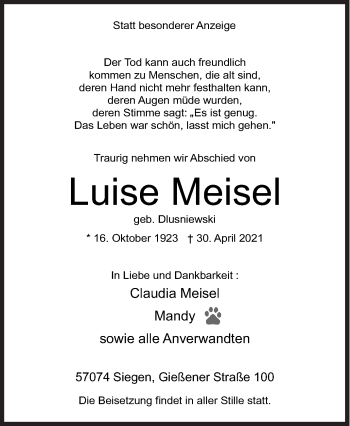 Traueranzeige von Luise Meisel von Siegener Zeitung