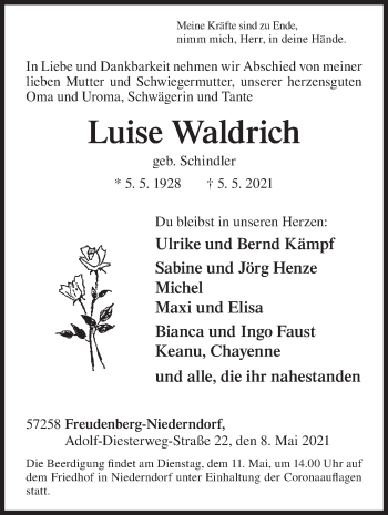 Traueranzeige von Luise Waldrich von Siegener Zeitung