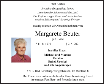 Traueranzeige von Margarete Beuter von Siegener Zeitung