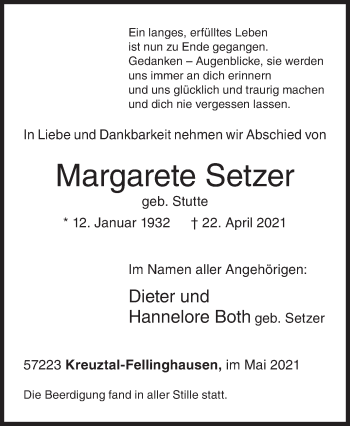 Traueranzeige von Margarete Setzer von Siegener Zeitung