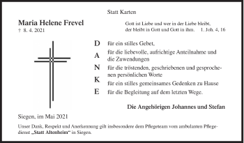 Traueranzeige von Maria Helene Frevel von Siegener Zeitung