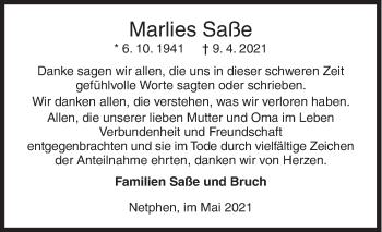 Traueranzeige von Marlies Saße von Siegener Zeitung