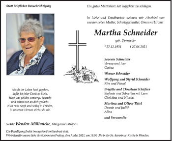 Traueranzeige von Martha Schneider von Siegener Zeitung