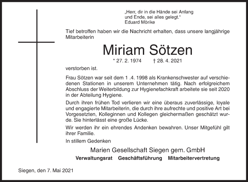  Traueranzeige für Miriam Sötzen vom 07.05.2021 aus Siegener Zeitung