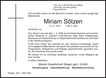 Traueranzeige von Miriam Sötzen von Siegener Zeitung