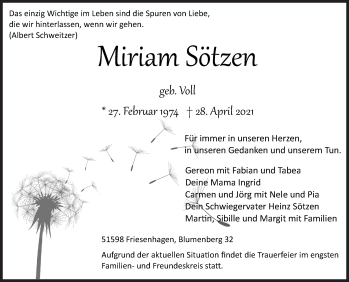 Traueranzeige von Miriam Sötzen von Siegener Zeitung