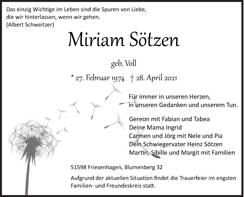  Traueranzeige für Miriam Sötzen vom 03.05.2021 aus Siegener Zeitung