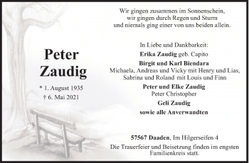 Traueranzeige von Peter Zaudig von Siegener Zeitung