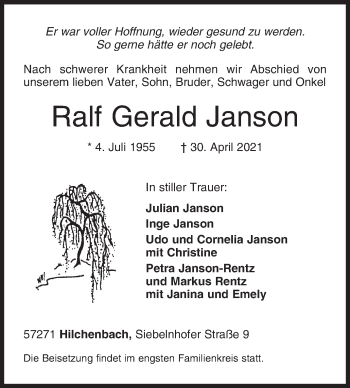 Traueranzeige von Ralf Gerald Janson von Siegener Zeitung