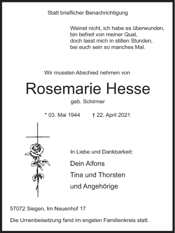 Traueranzeige von Rosemarie Hesse von Siegener Zeitung
