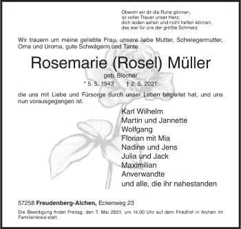 Traueranzeige von Rosemarie  Müller von Siegener Zeitung