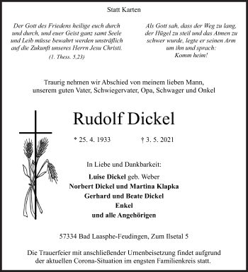 Traueranzeige von Rudolf Dickel von Siegener Zeitung