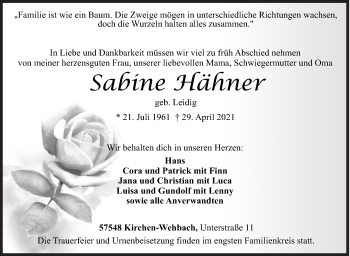 Traueranzeige von Sabine Hähner von Siegener Zeitung