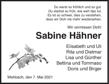 Traueranzeige von Sabine Hähner von Siegener Zeitung