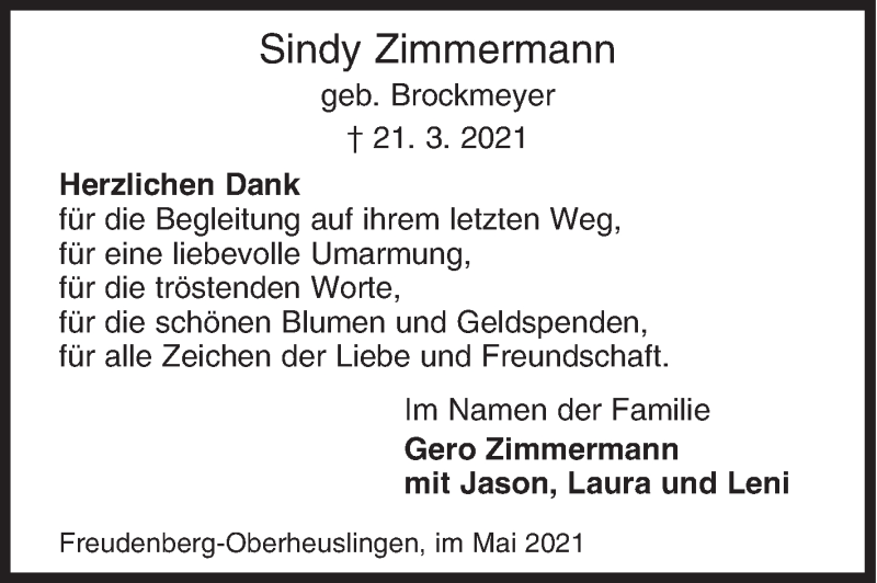  Traueranzeige für Sindy Zimmermann vom 08.05.2021 aus Siegener Zeitung