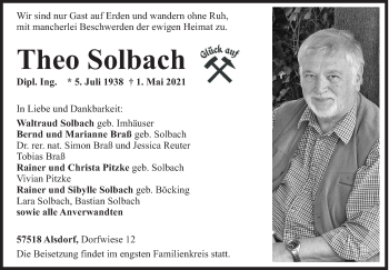 Traueranzeige von Theo Solbach von Siegener Zeitung