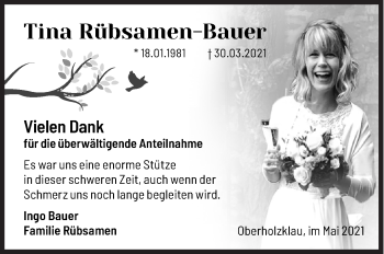 Traueranzeige von Tina Rübsamen-Bauer von Siegener Zeitung