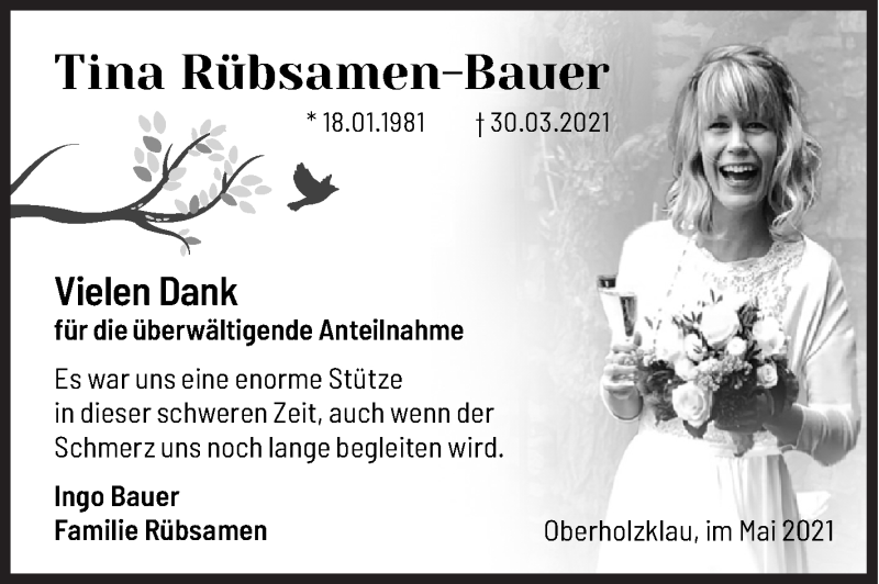  Traueranzeige für Tina Rübsamen-Bauer vom 08.05.2021 aus Siegener Zeitung