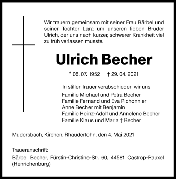 Traueranzeige von Ulrich Becher von Siegener Zeitung