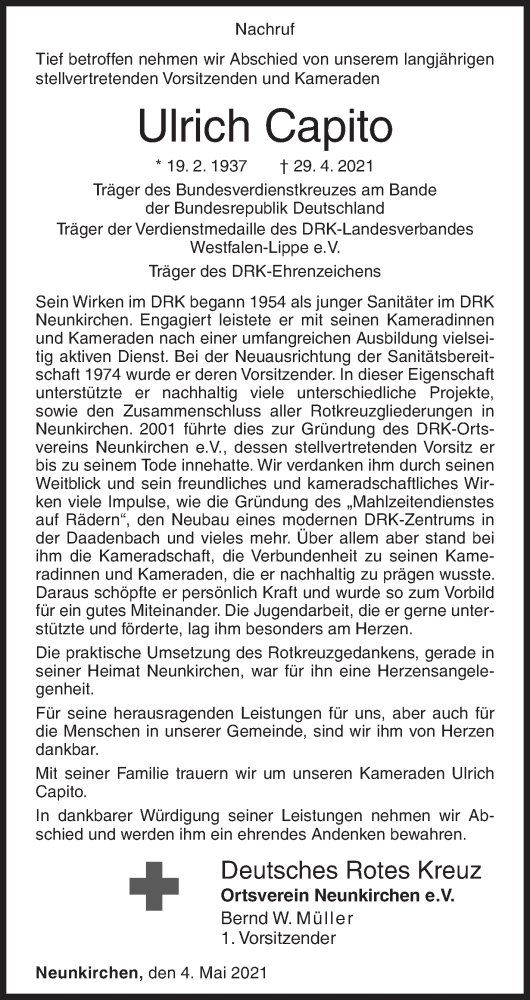 Traueranzeige für Ulrich Capito vom 04.05.2021 aus Siegener Zeitung