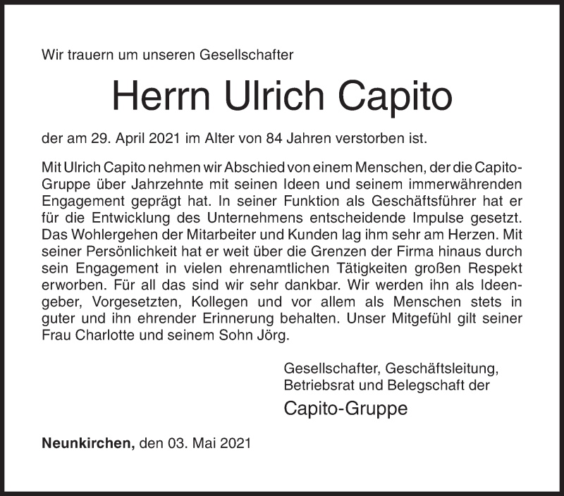  Traueranzeige für Ulrich Capito vom 03.05.2021 aus Siegener Zeitung