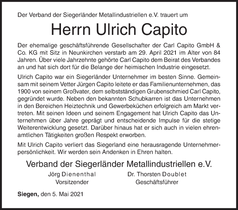  Traueranzeige für Ulrich Capito vom 05.05.2021 aus Siegener Zeitung