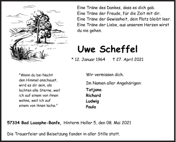 Traueranzeige von Uwe Scheffel von Siegener Zeitung
