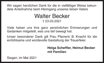 Traueranzeige von Walter Becker von Siegener Zeitung