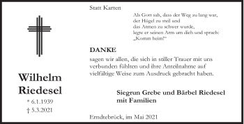 Traueranzeige von Wilhelm Riedesel von Siegener Zeitung