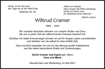 Traueranzeige von Wiltrud Cramer von Siegener Zeitung
