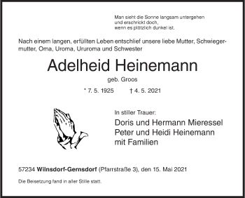 Traueranzeige von Adelheid Heinemann von Siegener Zeitung