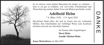 Traueranzeige von Adelheid Helm von Siegener Zeitung
