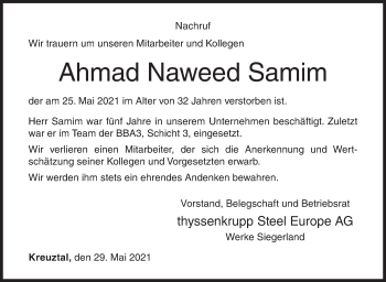 Traueranzeige von Ahmad Naweed Samim von Siegener Zeitung