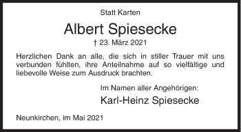 Traueranzeige von Albert Spiesecke von Siegener Zeitung