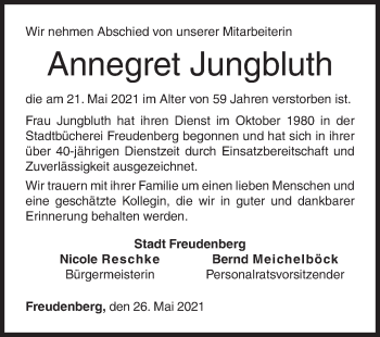 Traueranzeige von Annegret Jungbluth von Siegener Zeitung