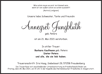 Traueranzeige von Annegret Jungbluth von Siegener Zeitung