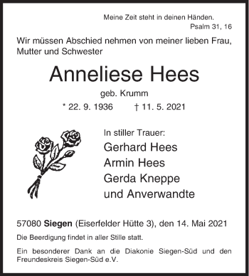 Traueranzeige von Anneliese Hees von Siegener Zeitung