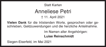 Traueranzeige von Anneliese Petri von Siegener Zeitung