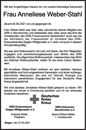Traueranzeige von Anneliese Weber-Stahl von Siegener Zeitung