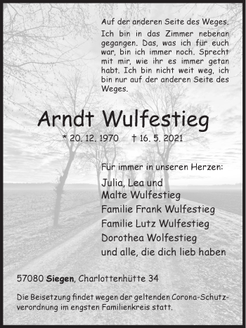 Traueranzeige von Arndt Wulfestieg von Siegener Zeitung