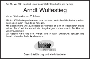 Traueranzeige von Arndt Wulfestieg von Siegener Zeitung