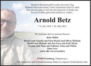 Traueranzeige von Arnold Betz von Siegener Zeitung