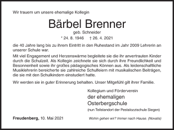 Traueranzeige von Bärbel Brenner von Siegener Zeitung